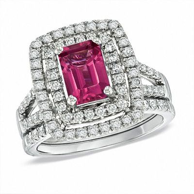 Certified Emerald-Cut Pink Tourmaline and 0.83 CT. T.W. Certified Diamond Bridal Set in 14K White Gold|Peoples Jewellers