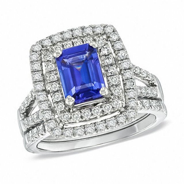 Certified Emerald-Cut Tanzanite and 0.83 CT. T.W. Diamond Bridal Set in 14K White Gold