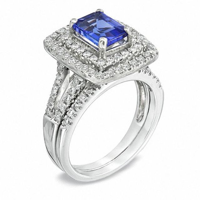 Certified Emerald-Cut Tanzanite and 0.83 CT. T.W. Diamond Bridal Set in 14K White Gold