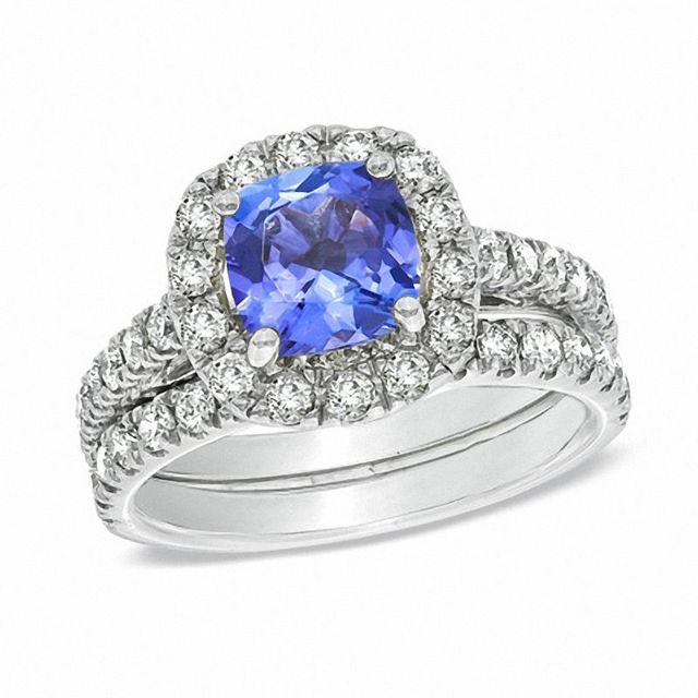 Certified Cushion-Cut Tanzanite and 1.45 CT. T.W. Diamond Bridal Set in 14K White Gold