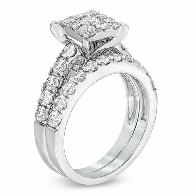 1.95 CT. T.W. Diamond Square Cluster Bridal Set in 14K White Gold