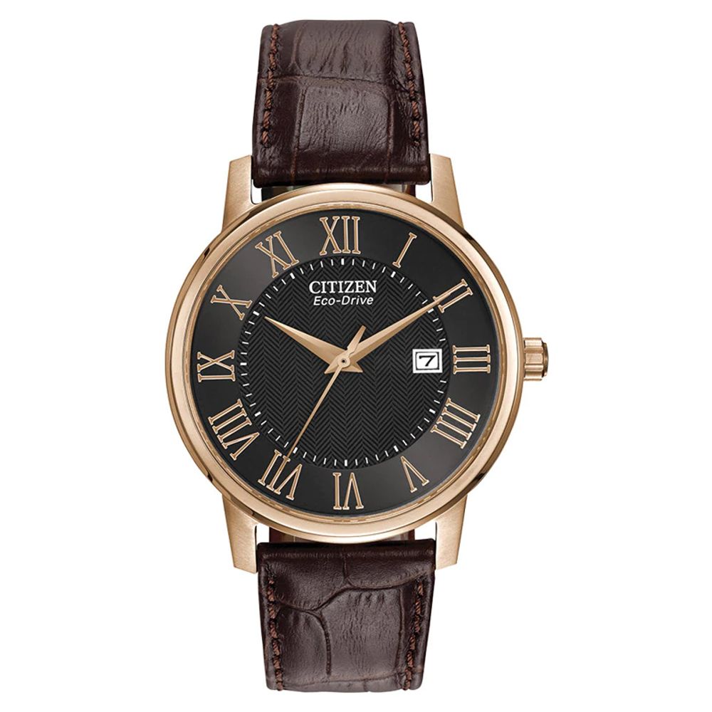 Men's Citizen Eco-Drive® Rose-Tone Strap Watch with Black Dial (Model: BM6759-03E)|Peoples Jewellers