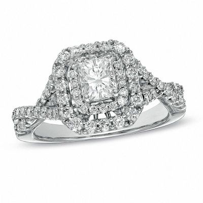 1.25 CT. T.W. Certified Radiant-Cut Diamond Double Frame Engagement Ring in 14K White Gold (I/I1)|Peoples Jewellers