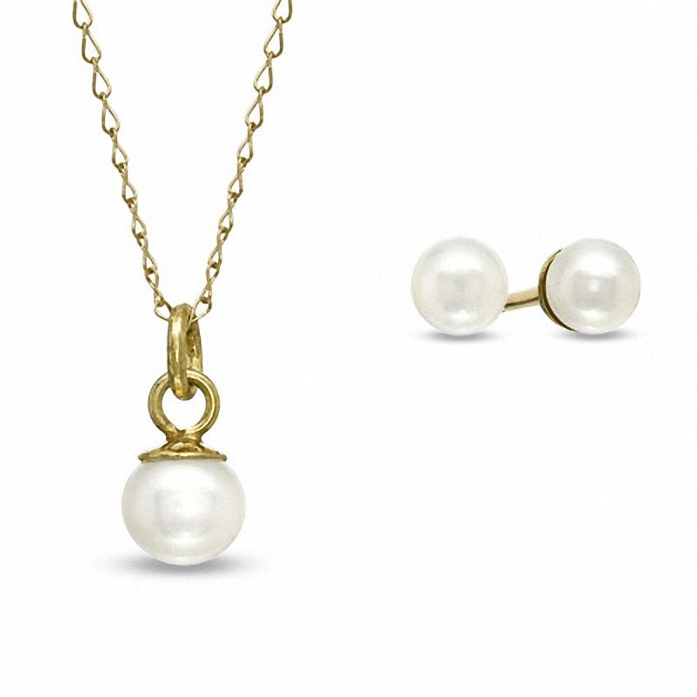 Child's 3.0mm Freshwater Cultured Pearl Pendant and Earrings Set in 14K Gold-15"|Peoples Jewellers