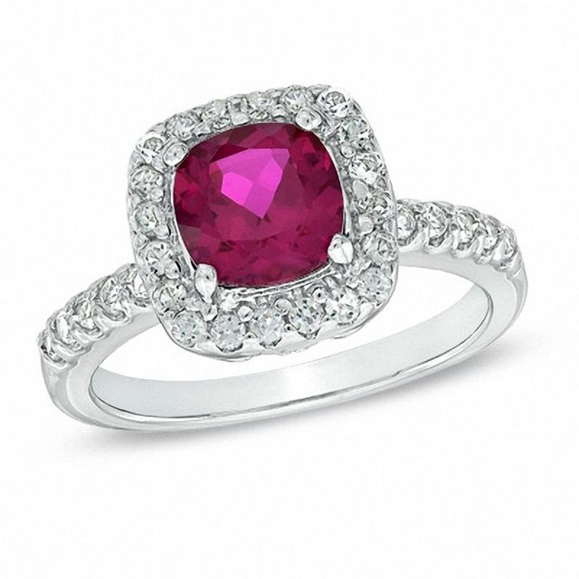 7.0mm Cushion-Cut Lab-Created Ruby and White Sapphire Ring in Sterling Silver|Peoples Jewellers