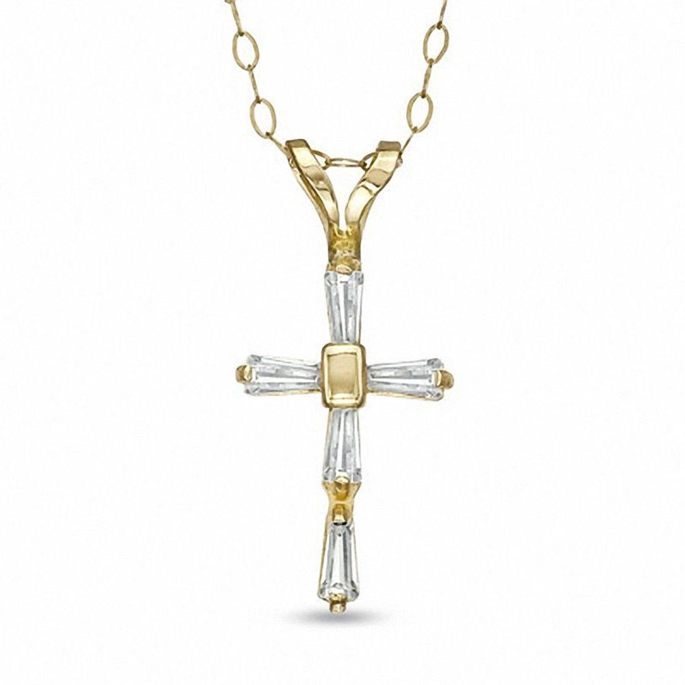 Child's Baguette Cubic Zirconia Cross Pendant in 14K Gold - 13"|Peoples Jewellers