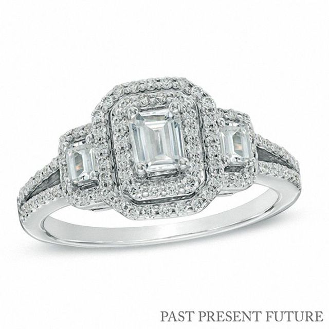 0.95 CT. T.W. Emerald-Cut Diamond Double Frame Past Present Future Ring in 14K White Gold|Peoples Jewellers