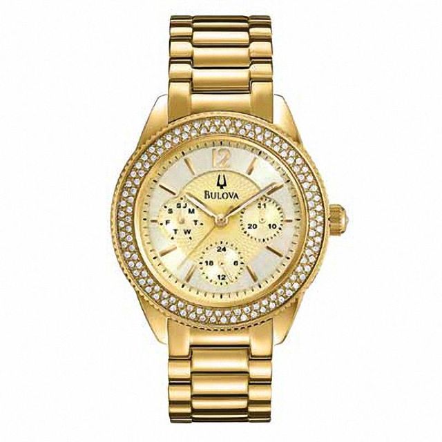 Ladies' Bulova Crystal Collection Chronograph Gold-Tone Watch with Champagne Dial (Model: 97N102)|Peoples Jewellers
