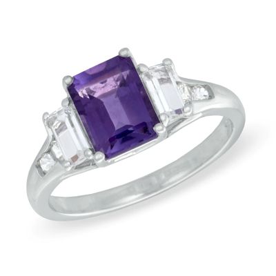 Emerald-Cut Amethyst and Lab-Created White Sapphire Three Stone Ring in 10K White Gold|Peoples Jewellers