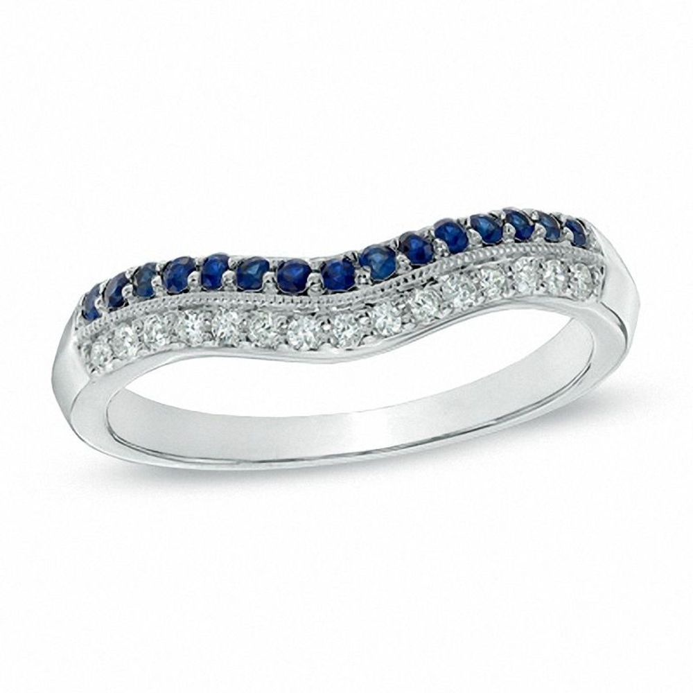 0.10 CT. T.W. Diamond and Blue Sapphire Vintage-Style Contour Wedding Band in 14K White Gold|Peoples Jewellers