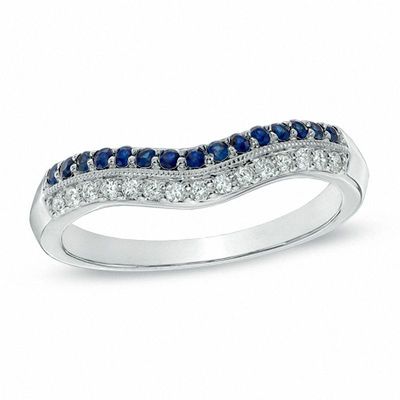 0.10 CT. T.W. Diamond and Blue Sapphire Vintage-Style Contour Wedding Band in 14K White Gold|Peoples Jewellers