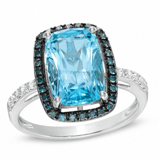 Cushion-Cut Swiss Blue Topaz and 0.24 CT. T.W. Enhanced Blue and White Diamond Ring in 10K White Gold|Peoples Jewellers