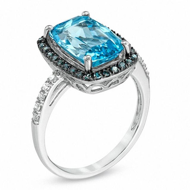 Cushion-Cut Swiss Blue Topaz and 0.24 CT. T.W. Enhanced Blue and White Diamond Ring in 10K White Gold|Peoples Jewellers