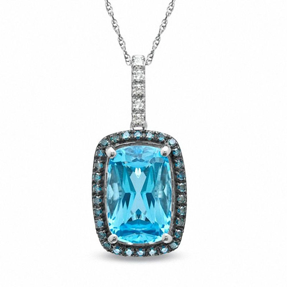 Cushion-Cut Swiss Blue Topaz and 0.19 CT. T.W. Enhanced Blue and White Diamond Pendant in 10K White Gold|Peoples Jewellers
