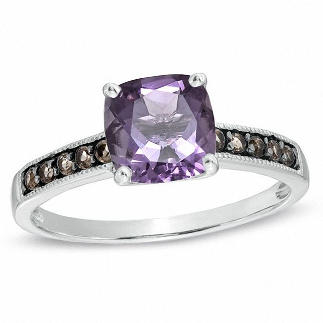 7.0mm Cushion-Cut Amethyst and Smoky Quartz Frame Ring in 10K Gold