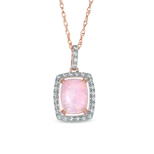 Cushion-Cut Lab-Created Pink Opal, and White Sapphire Pendant in Sterling Silver with 14K Rose Gold Plate