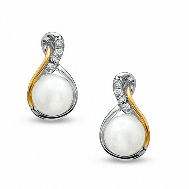 5.5 - 6.0mm Cultured Freshwater Pearl and Diamond Accent Earrings in Sterling Silver and 14K Gold Plate|Peoples Jewellers