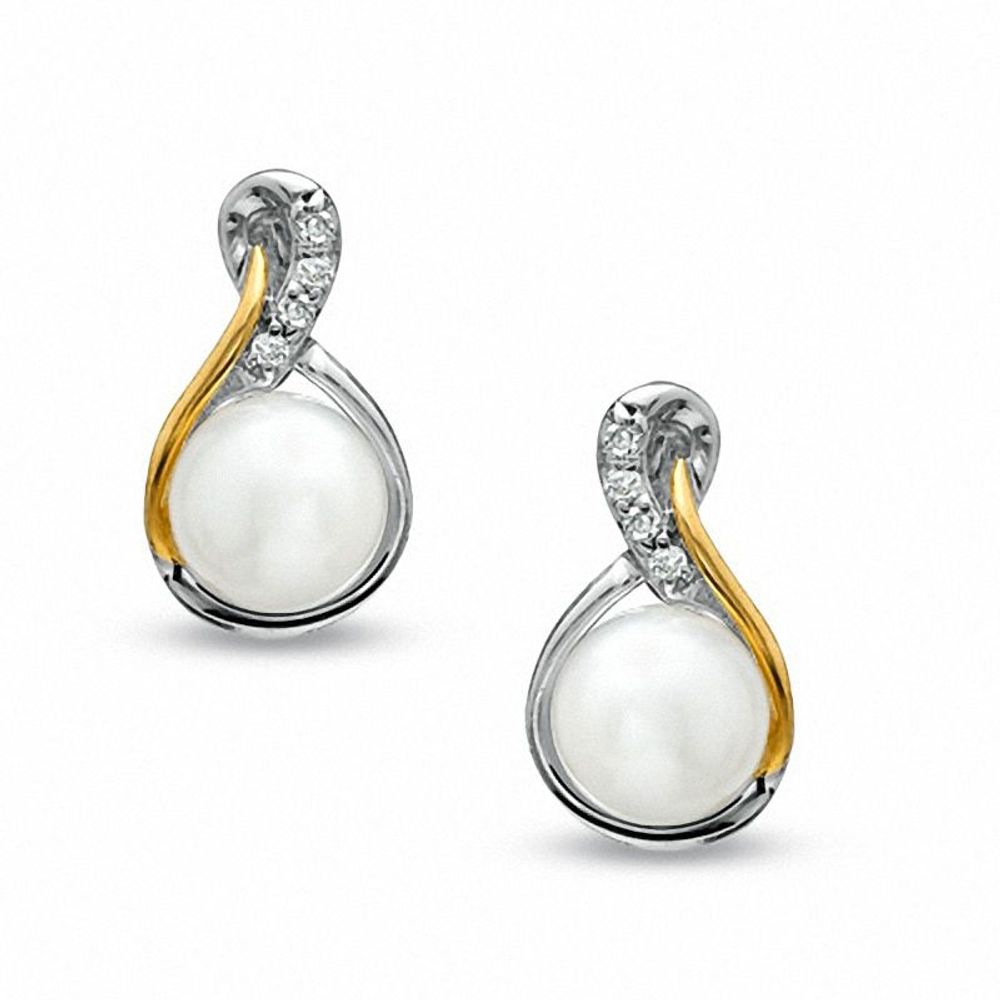 5.5-6.0mm Freshwater Cultured Pearl and Diamond Accent Earrings in Sterling Silver and 14K Gold Plate|Peoples Jewellers