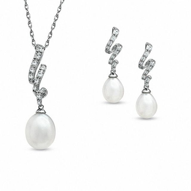 7.0-8.5 Freshwater Cultured Pearl and Lab-Created White Sapphire Pendant and Drop Earrings Set in Sterling Silver|Peoples Jewellers