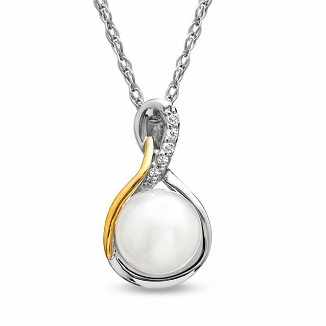 6.5-7.0mm Freshwater Cultured Pearl and Diamond Accent Pendant in Sterling Silver and 14K Gold Plate|Peoples Jewellers