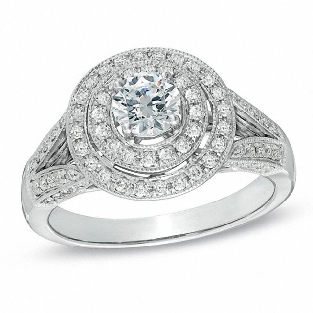 1.00 CT. T.W. Diamond Double Frame Vintage-Style Engagement Ring in 14K White Gold|Peoples Jewellers
