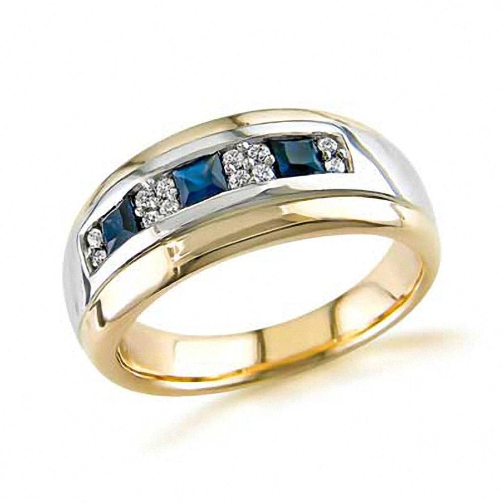 Men's Square-Cut Blue Sapphire and 0.15 CT. T.W. Diamond Ring in 14K Two-Tone Gold|Peoples Jewellers