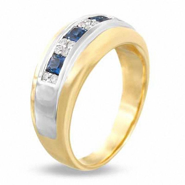 Men's Square-Cut Blue Sapphire and 0.15 CT. T.W. Diamond Ring in 14K Two-Tone Gold|Peoples Jewellers