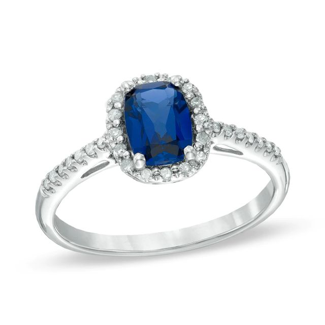6.0mm Cushion-Cut Lab-Created Blue Sapphire and 0.14 CT. T.W. Diamond Frame Ring in 10K White Gold|Peoples Jewellers