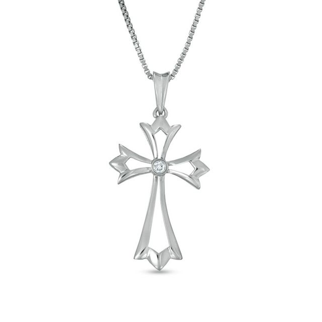 Diamond Accent Solitaire Gothic-Style Cross Pendant in Sterling Silver