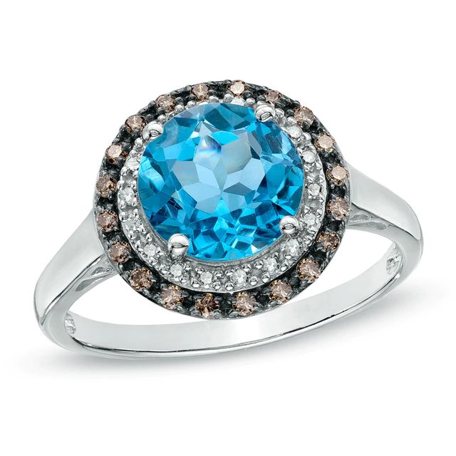 8.0mm Swiss Blue Topaz and 0.19 CT. T.W. Enhanced Champagne and White Diamond Ring in 10K White Gold