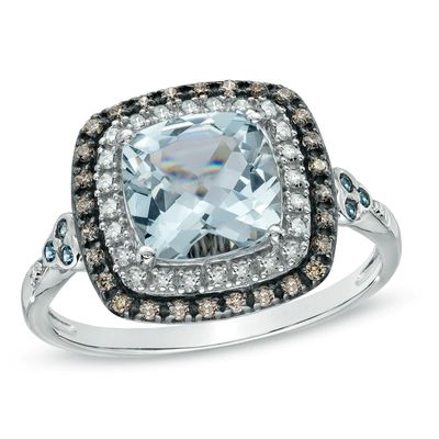 Aquamarine, London Blue Topaz and 0.19 CT. T.W. Enhanced Champagne and White Diamond Ring in 10K White Gold|Peoples Jewellers