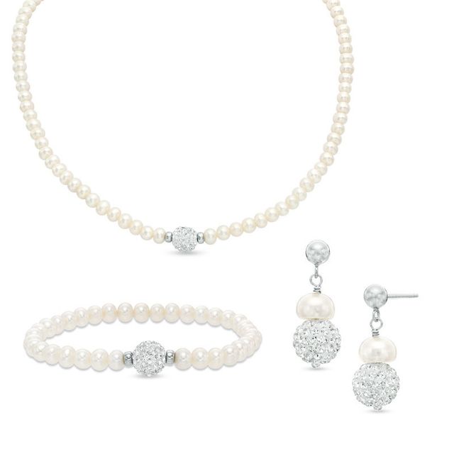 Honora 5.0-7.0mm Freshwater Cultured Pearl and Crystal Necklace, Bracelet and Earrings Set in Sterling Silver|Peoples Jewellers