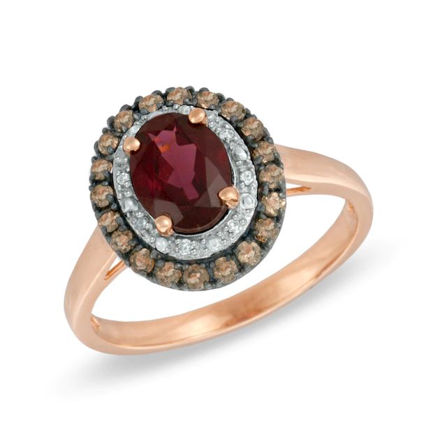 Oval Rhodolite Garnet, Smoky Quartz and Diamond Accent Ring in 10K Rose Gold|Peoples Jewellers