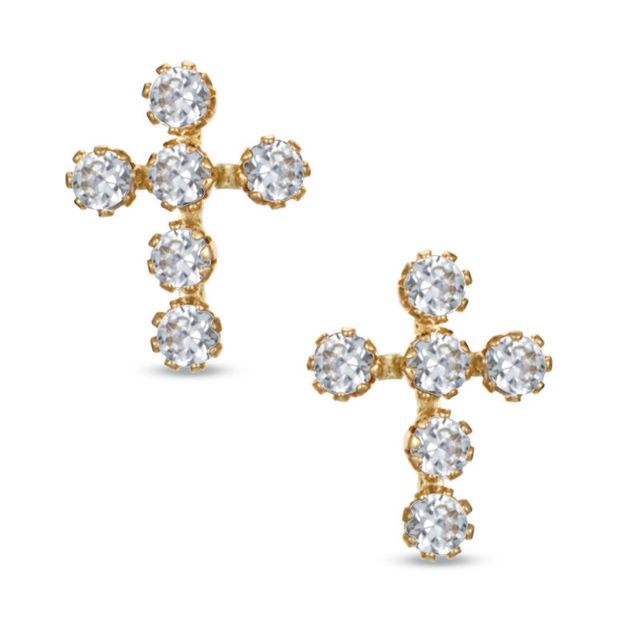Small Lab-Created White Sapphire Cross Stud Earrings in 14K Gold|Peoples Jewellers