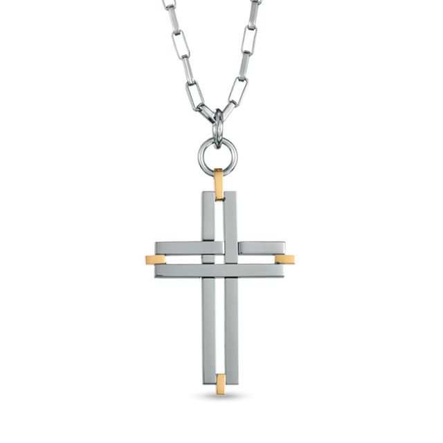 Men's Cross Pendant in Two-Tone Stainless Steel - 24"|Peoples Jewellers