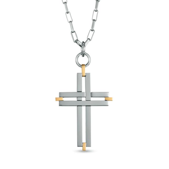 Men's Cross Pendant in Two-Tone Stainless Steel - 24"