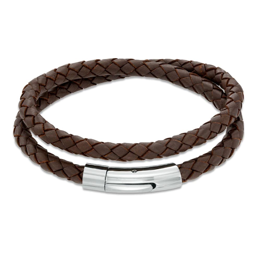 Men's Leather and Stainless Steel Double Wrap Bracelet