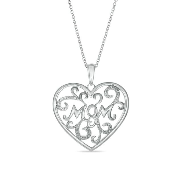 Diamond Accent Scroll "MOM" Heart Pendant in Sterling Silver|Peoples Jewellers