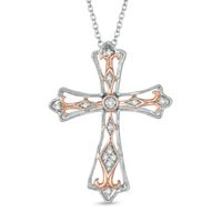 Diamond Accent Cross Pendant in Sterling Silver and 10K Rose Gold|Peoples Jewellers