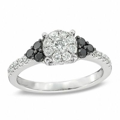 0.70 CT. T.W. Enhanced Black and White Diamond Cluster Engagement Ring in 14K White Gold|Peoples Jewellers