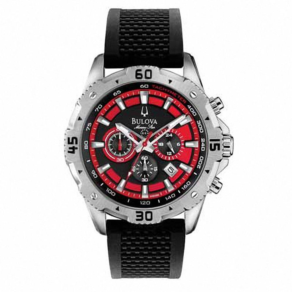 Men's Bulova Marine Star Chronograph Strap Watch with Black Dial (Model: 96B186)|Peoples Jewellers