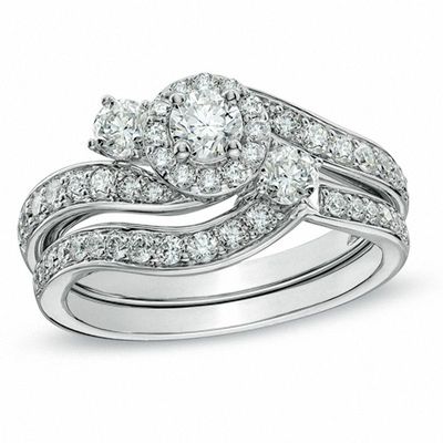 1.00 CT. T.W. Diamond Three Stone Bypass Bridal Set in 10K White Gold|Peoples Jewellers
