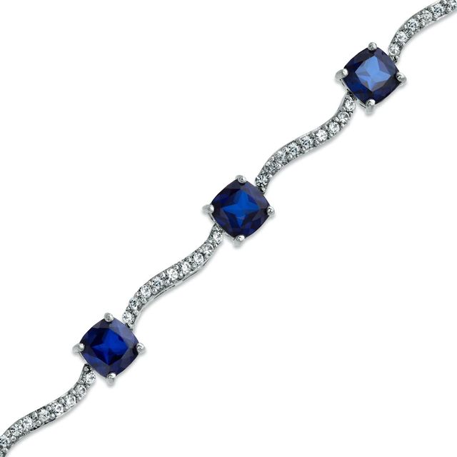 Cushion-Cut Lab-Created Ceylon Blue and White Sapphire Wave Bracelet in Sterling Silver - 7.25"|Peoples Jewellers