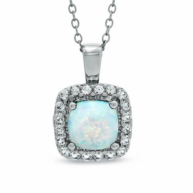 7.0mm Cushion-Cut Lab-Created Opal and White Sapphire Pendant in Sterling Silver