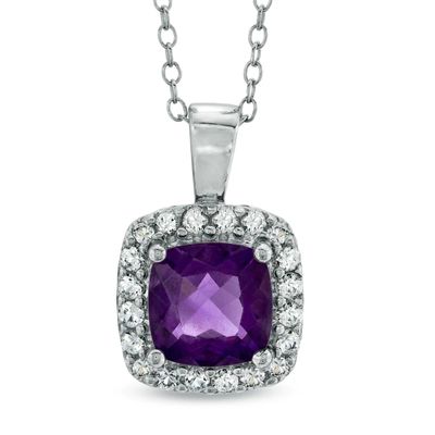 7.0mm Cushion-Cut Amethyst and Lab-Created White Sapphire Pendant in Sterling Silver|Peoples Jewellers