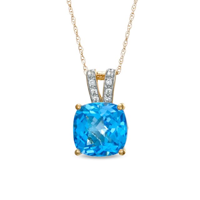 9.0mm Cushion-Cut Swiss Blue Topaz and Lab-Created White Sapphire Pendant in 10K Gold|Peoples Jewellers