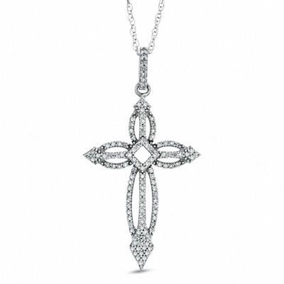 0.20 CT. T.W. Diamond Open Cross Pendant in 10K White Gold|Peoples Jewellers