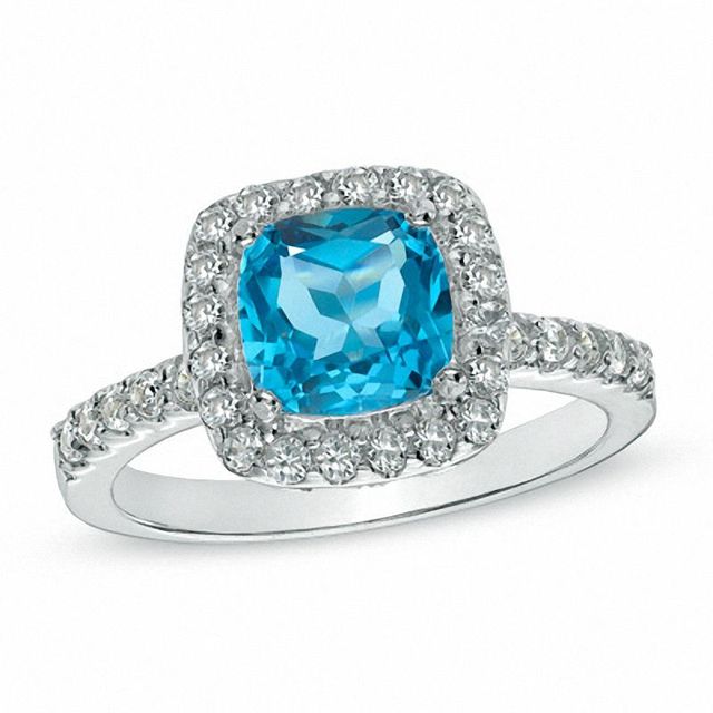 7.0mm Cushion-Cut Swiss Blue Topaz and Lab-Created White Sapphire Ring in Sterling Silver|Peoples Jewellers