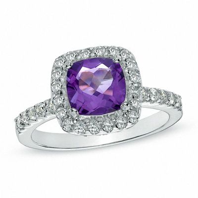 7.0mm Cushion-Cut Amethyst and Lab-Created White Sapphire Ring in Sterling Silver|Peoples Jewellers