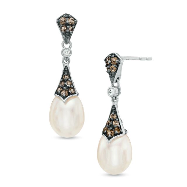 6.5-7.0mm Freshwater Cultured Pearl, Smoky Quartz and Lab-Created White Sapphire Drop Earrings in Sterling Silver